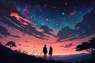 Starlit Romance: Anime Couple Gazing at the Night Sky, Anime Digital Art illustration for background wallpaper. Generative AI