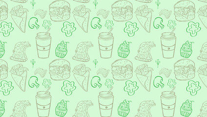 Background Junk Food Related Seamless Pattern. Editable Stroke Fast Food Line Art of hamburger, pizza, hot dog, beverage, cheeseburger. Restaurant menu background, tasty unhealthy lunch.