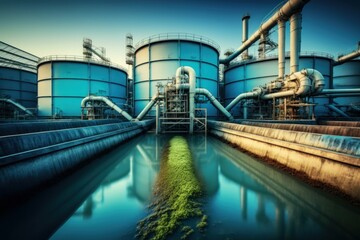 Obraz premium Industrial zone, Steel pipelines and cables on blue toned background. Generative AI