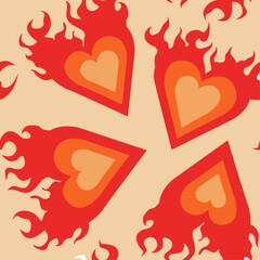 1970 Groovy Fire Rainbow Hearts Pattern. Retro Pomantic Orange, Pink Colors. Vector Hippie Aesthetic. Flat Design. Trendy Graphic Cover, T-shirt, Sticker, Wallpaper, Social media.
