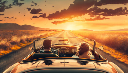 Fototapeta na wymiar Couple Enjoying Sunset on A Road Trip