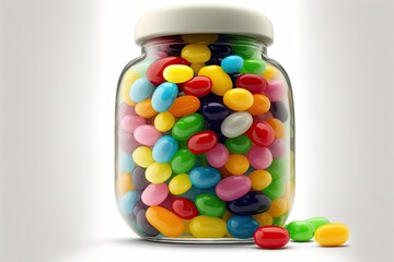 Jelly beans, a sugary candy, in a jar, on a white background. Generative AI