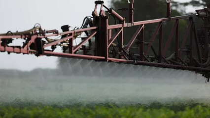 Agricultural sprayer spraying pesticides on chickpea field. Farmer on a tractor Treats the field with chemicals against pests, insects and plant diseases. Taking care of the Crop. slow motion video