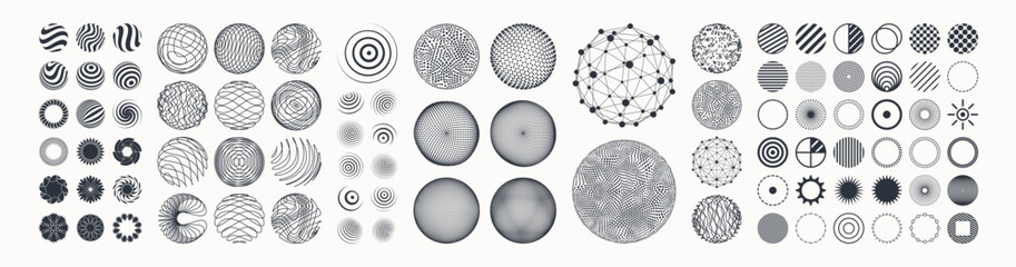Collection of different graphic elements for design. Icon set. Spheres with lines and dots. Wifi sound signal connection or sound radio wave. 3D geometric striped rounded shape for web, mobile or ui. - obrazy, fototapety, plakaty