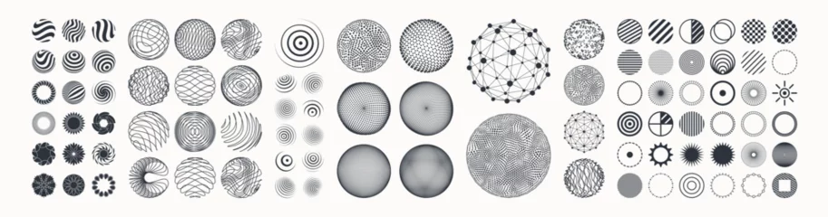Foto op Plexiglas Collection of different graphic elements for design. Icon set. Spheres with lines and dots. Wifi sound signal connection or sound radio wave. 3D geometric striped rounded shape for web, mobile or ui. © Login