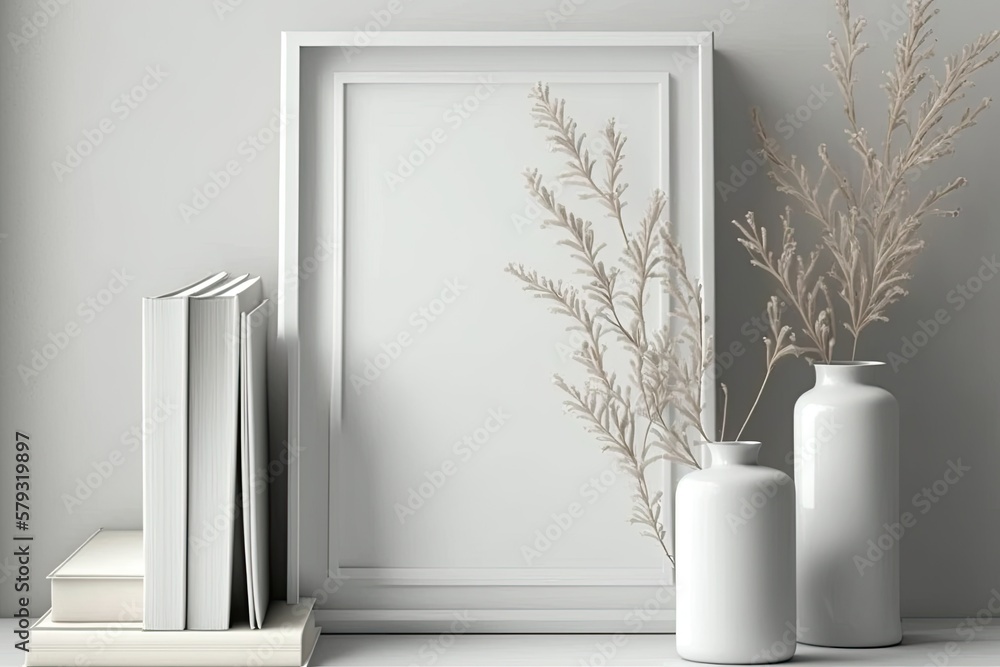 Poster mock up white frame and dry twigs in vase on book shelf or desk. white hues. generative ai