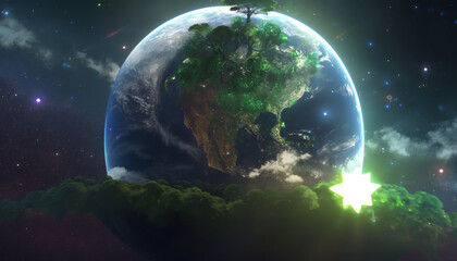 A glowing green aura surrounds a floating globe with a tree growing out of it in a mysterious universe filled with stars and nebulas. generative ai
