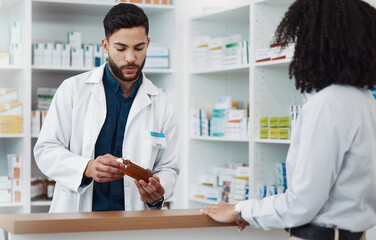 Pharmacy, man and customer with medicine, instructions and conversation in drug store, medical...