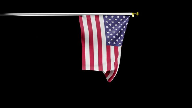Flapping flag of the United States of America on black background; 3D render vertical