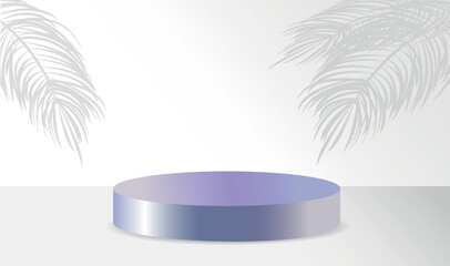 Studio with a shadow of palm leaves on the wall, a room with a minimum number of stands. Vector 3D scene composition for product presentation. Podium for goods in purple color. Cyclorama