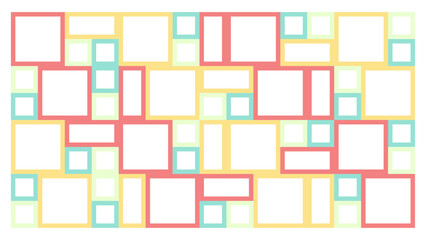 Background with a collection of squares and rectangles of various sizes neatly arranged in pastel colors of yellow, red and light green Tosca. 