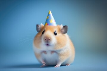 Fluffy Hamster with a birthday party cap. Generative AI
