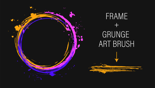 Set of design elements, circular frame, grunge art brush. Circle with copy spase, paint brush strokes, spattered paint of neon bright colors. Virtual surreal clip art