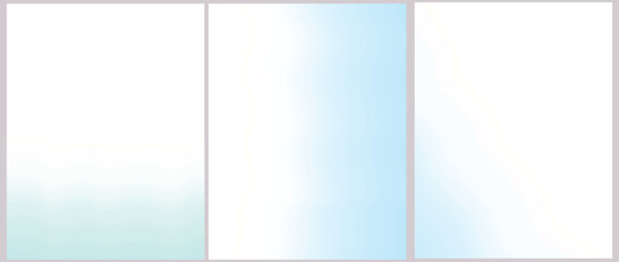Set of 3 Delicate Abstract Vector Layouts. Light Mint and Pastel Blue Blurred Stains on a White Background. Pastel Color Blank Pages ideal for Layouts, Cover. No text.