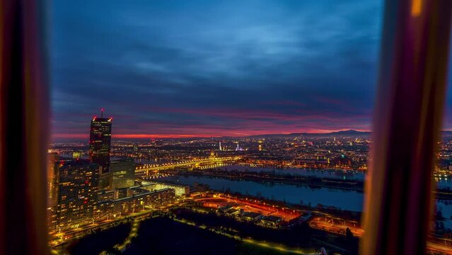 Drone Arial nature sunset view of the Prater Park,Vienna, AustriaVienna skyline aerial view day to night time lapse, beautiful sunset over city vienna austria.