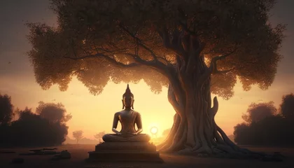 Fototapeten Silhouette buddha sitting under the bodhi tree on sunset background. © UHDHDR