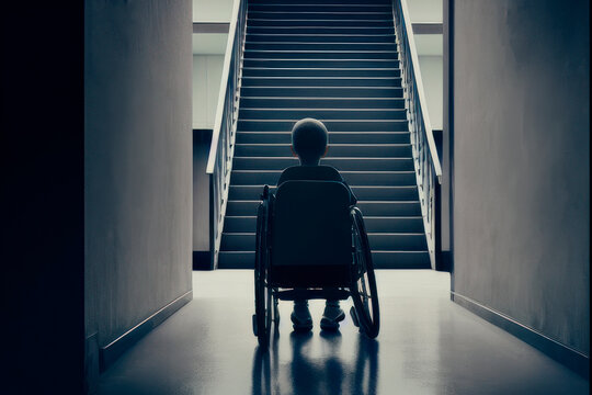 Back view of unrecognizable disabled little boy sitting on wheelchair in front of staircase in modern building. Generative AI, concept of disabled people problems
