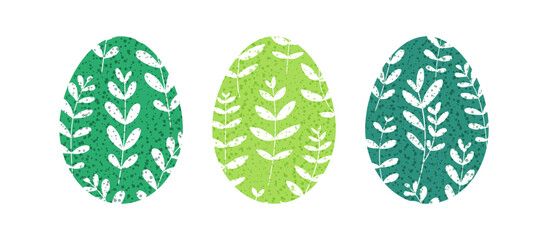 Floral painted Easter eggs set isolated on white. Textured green easter eggs with botany branch leaves ornament decoration. Happy Easter egg hunt in grass. Trendy aesthetic spring eggs design.