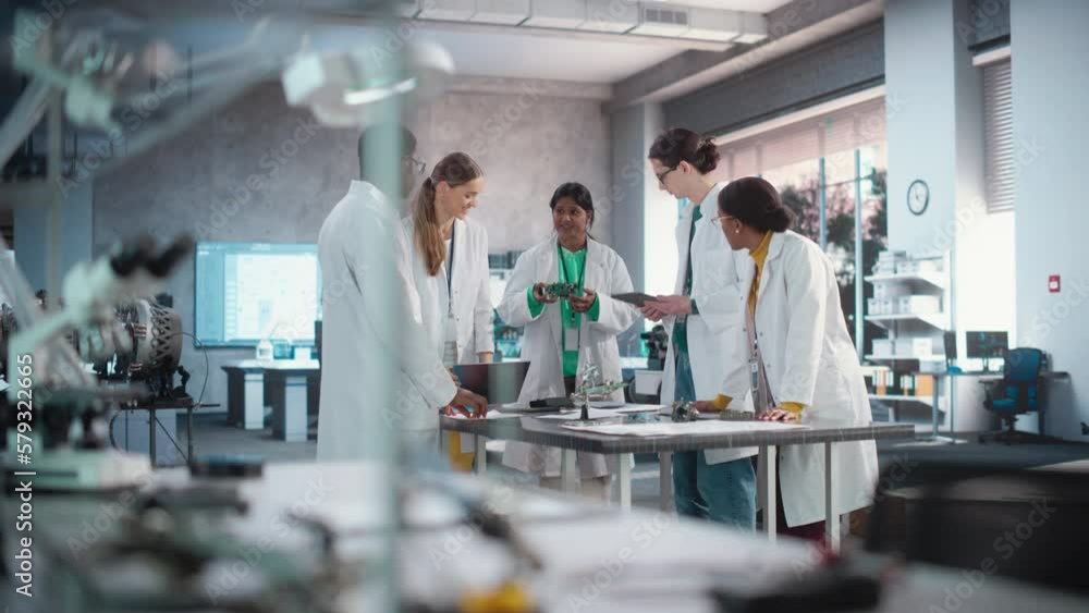 Poster Group of International Multiethnic Lab Specialists Gathering Around a Table to Discuss Blueprints and Components for a High Tech Robotic Project. Young Engineers Working in Company Facility Lab