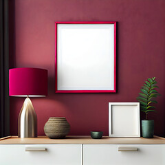 Blank White Picture Frame on Red Magenta Wall, created using Generative AI