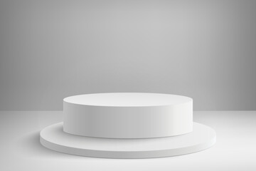 Abstract 3D realistic white empty round podiums. Minimal scene for product display presentation. Award ceremony concept. Abstract scene with cylindrical podiums