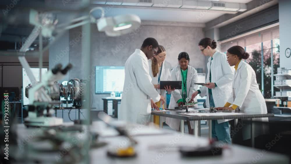 Poster Young Engineers Working in Company Facility Lab: Group of International Multiethnic Lab Specialists Gathering Around a Table to Discuss Blueprints and Components for a High-Tech Robotic Project