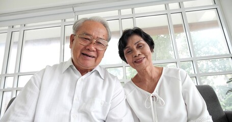 Happy Asian mature senior couple talk to camera at home while video calling