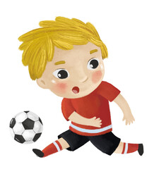 cartoon scene with kid playing running sport ball soccer football - illustration for children