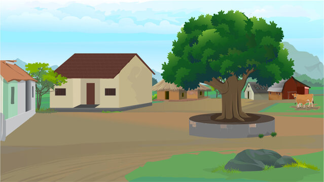 Indian Village Background Illustration, village, and mountains, cow banyan trees, village meeting