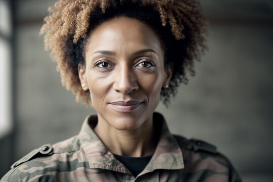 Generative ai portrait black woman soldier posing looking camera smiling