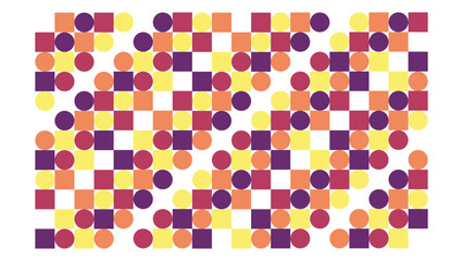 A collection of neatly arranged small squares and circles in pastel colors of orange, purple, brown and yellow. 