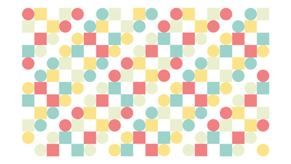 The background contains a collection of small circles and squares in various bright and unique pastel colors. 
