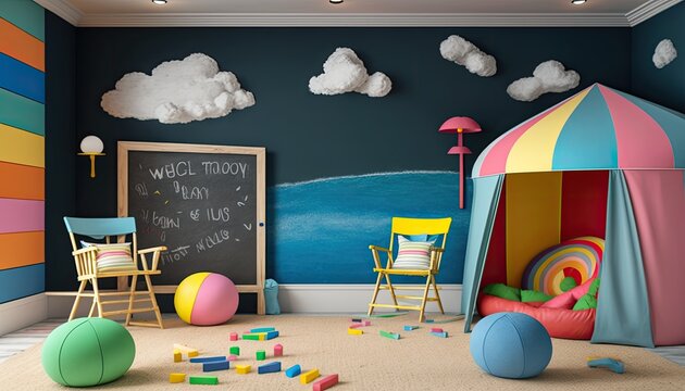 A bright and colorful playroom with beanbag chairs and a chalkboard wall, set on a beach with colorful umbrellas and beach balls. generative ai