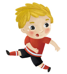 cartoon scene with kid playing running sport ball soccer football - illustration for children