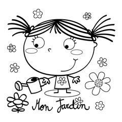 Illustration in black and white of a girl watering a flower with her water can, surrounded by flowers, Vector drawing
