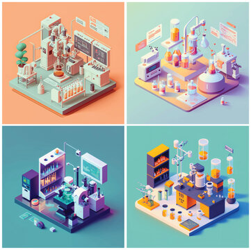 Exploring Advanced Technology: A Sterile 3D Isometric Vector Lab with Precise Equipment and Curious Scientists in Minimalist Artwork