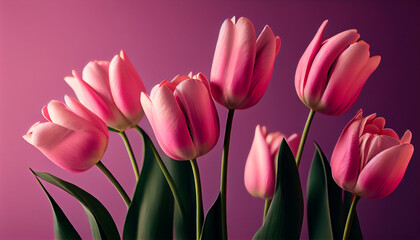 Bouquet of pink tulips on pink background. Created with Generative AI technology