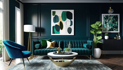 A mid - century modern living room with a bold color scheme of deep blues and rich greens. generative ai