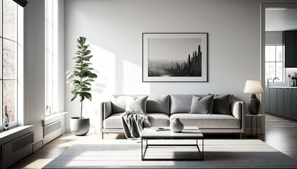A modern living room with a minimalist interior design featuring a sleek gray sofa, a low coffee table, and a monochrome rug. generative ai
