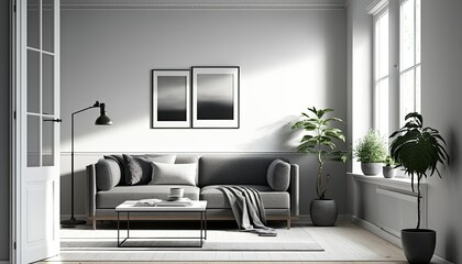 A modern living room with a minimalist interior design featuring a sleek gray sofa, a low coffee table, and a monochrome rug. generative ai