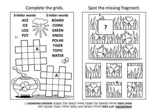 Activity page with two puzzles. Fill-in crossword puzzle. Spot the missing fragment. St. Patrick's Day holiday motives. Black and white. Answers included.
