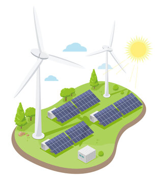 Windmill wind energy and Solar plant Green power eco technology symbols concept Electricity illustration isometric isolated vector