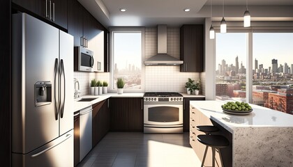 A sleek kitchen with stainless steel appliances and marble countertops on a rooftop terrace overlooking a bustling city skyline. generative ai