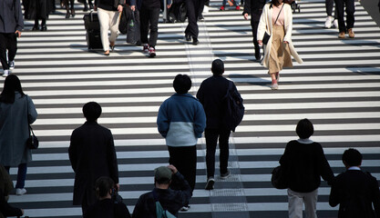 都会の横断歩道を渡る大勢の人の姿