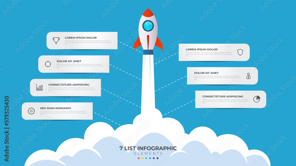 Poster 7 list of steps, layout diagram with stair level sequence, infographic element template with rocket 