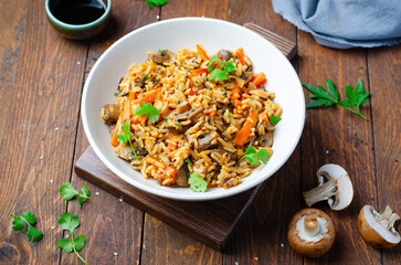 Wild Rice with Mushrooms, Asian Style Vegetarian Meal