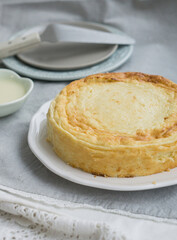 Homemade Cottage cheese cheesecake russian style zapekanka close up selective focus