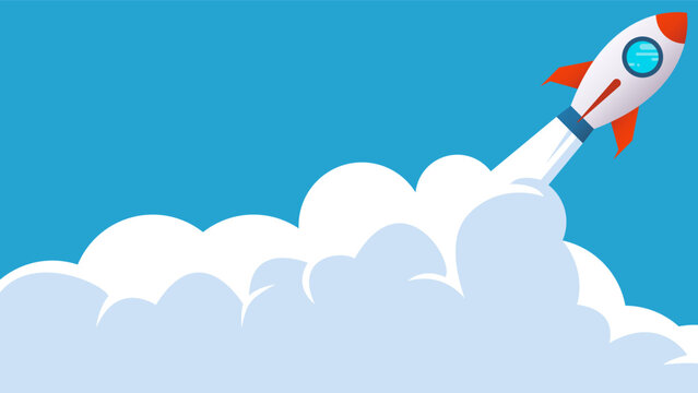rocket ship startup launch to the space with blue sky and cloud background, vector illustration