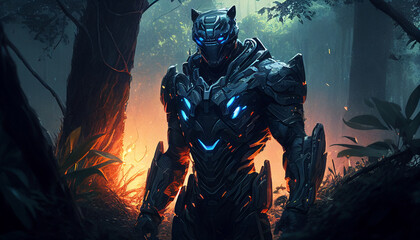 Black Panther in Cyberpunk Style with Flash of Light in Forest Landscape. Generative Ai
