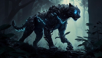 Electric Jungle Predator: Cyber Panther with a Flash of Light. Cyberpunk Style Generative Ai